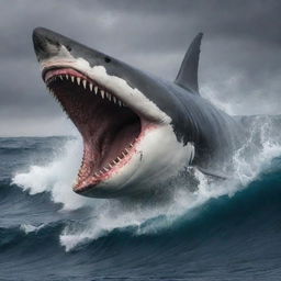 Depict the climax of the chase, the enraged Megalodon devouring the whale, each sharp tooth sinking into its catch. Waves echo the chaos with high, stormy swells, perfectly capturing the wild savagery of nature's fiercest predator.