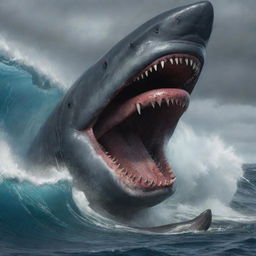 Revise the scene to capture the apocalyptic climax, the wrathful Megalodon sinking its knife-edged teeth into the panicked sperm whale. Frothy waves rise to echo the turmoil as the once mighty whale succumbs to the prehistoric beast's fury.