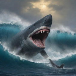 Revise the scene to capture the apocalyptic climax, the wrathful Megalodon sinking its knife-edged teeth into the panicked sperm whale. Frothy waves rise to echo the turmoil as the once mighty whale succumbs to the prehistoric beast's fury.