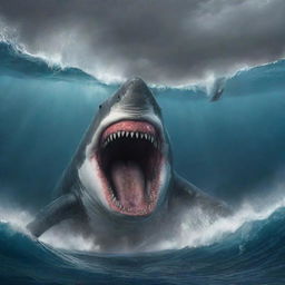 Revise the scene to capture the apocalyptic climax, the wrathful Megalodon sinking its knife-edged teeth into the panicked sperm whale. Frothy waves rise to echo the turmoil as the once mighty whale succumbs to the prehistoric beast's fury.