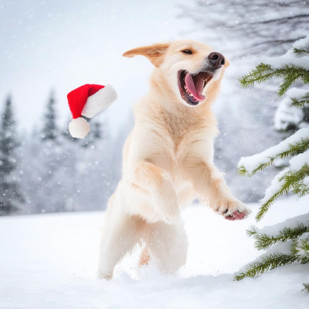 A joyful dog wearing a bright red Santa hat, playfully frolicking in the pristine snow.