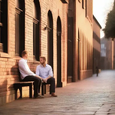 As the sun set, the couple sat on the bench near the beautiful bricks and mortar building, enjoying their romantic evening together.