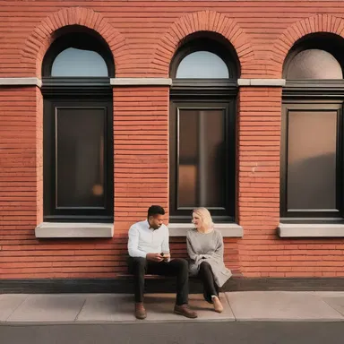 As the sun set, the couple sat on the bench near the beautiful bricks and mortar building, enjoying their romantic evening together.