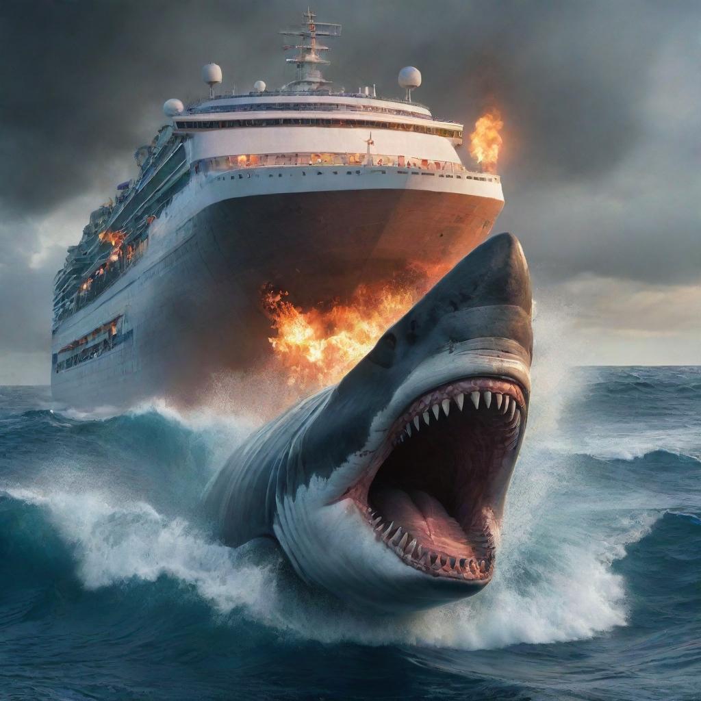 Reimagine the scene as the furious Megalodon sets its burning gaze on a new target - a large, unsuspecting cruise ship. The previously serene nautical environment is replaced with trepidation, waves churning with anticipation of the impending havoc.