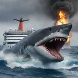 Reimagine the scene as the furious Megalodon sets its burning gaze on a new target - a large, unsuspecting cruise ship. The previously serene nautical environment is replaced with trepidation, waves churning with anticipation of the impending havoc.