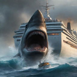 Reimagine the scene as the furious Megalodon sets its burning gaze on a new target - a large, unsuspecting cruise ship. The previously serene nautical environment is replaced with trepidation, waves churning with anticipation of the impending havoc.