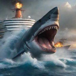 Reimagine the scene as the furious Megalodon sets its burning gaze on a new target - a large, unsuspecting cruise ship. The previously serene nautical environment is replaced with trepidation, waves churning with anticipation of the impending havoc.