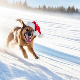 A joyful dog wearing a bright red Santa hat, playfully frolicking in the pristine snow.