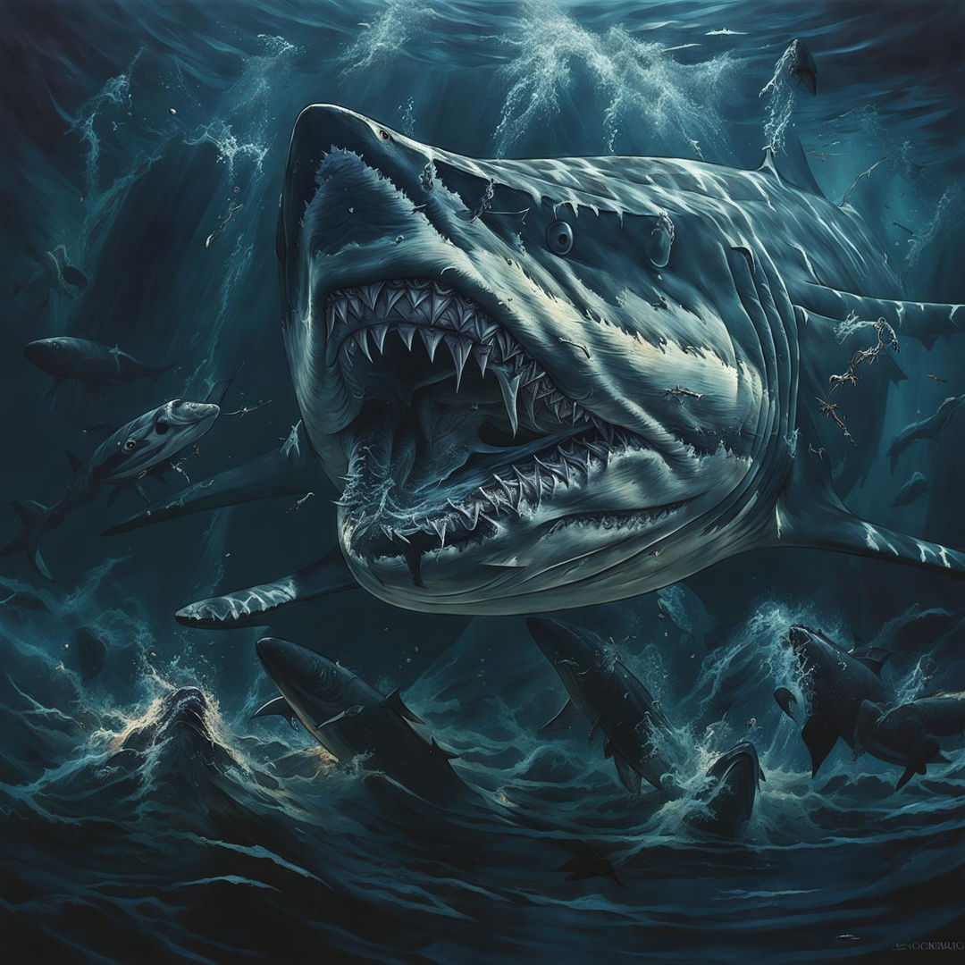 Intricately detailed digital art of an enormous, menacing shark exhibiting intense anger in a dark, ominous ocean setting. The shark is about to engulf a fleet of sperm whales, adding an air of mystique and grandeur.