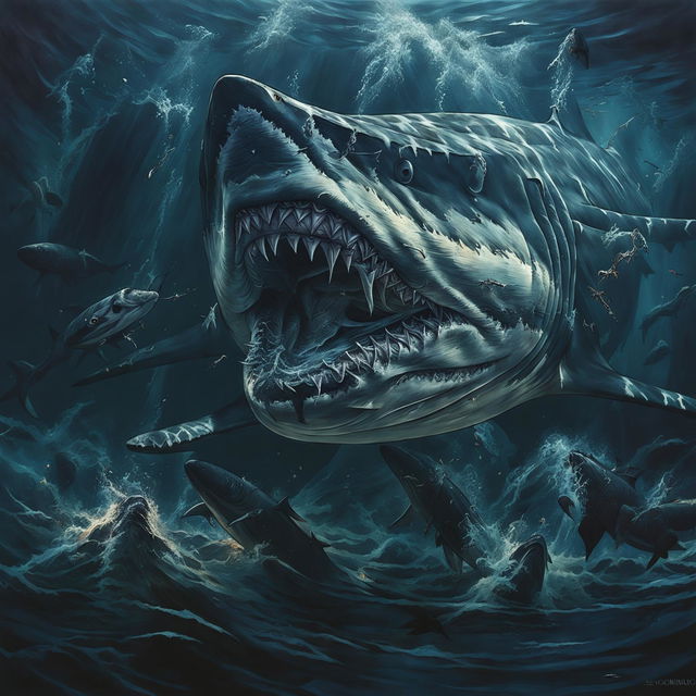 Intricately detailed digital art of an enormous, menacing shark exhibiting intense anger in a dark, ominous ocean setting. The shark is about to engulf a fleet of sperm whales, adding an air of mystique and grandeur.