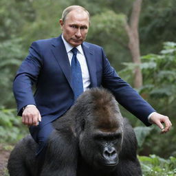 Vladimir Putin with a confident expression, astride a powerful gorilla in a neutral setting