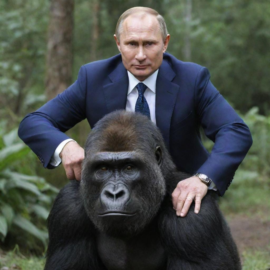 Vladimir Putin with a confident expression, astride a powerful gorilla in a neutral setting