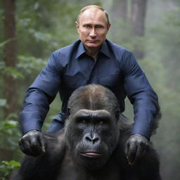 Vladimir Putin with a confident expression, astride a powerful gorilla in a neutral setting