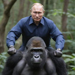 Vladimir Putin with a confident expression, astride a powerful gorilla in a neutral setting