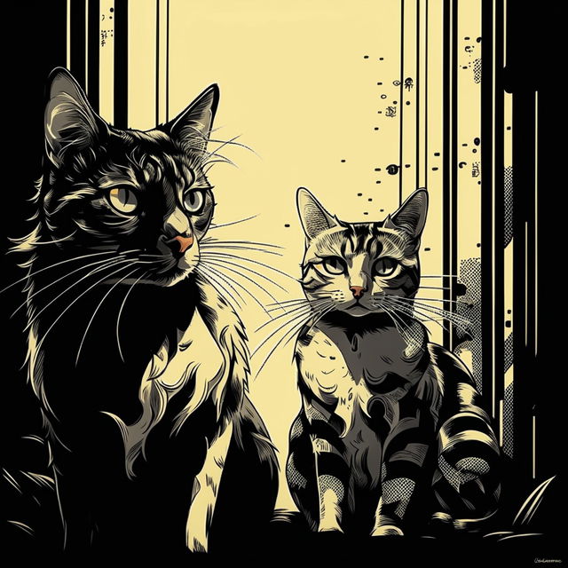 A large black and white cat and a smaller tabby cat, illustrated in the impactful Japanese manga style.