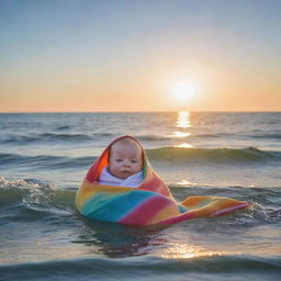 Create a moving scene of a baby swaddled in a colourful blanket, safely adrift on a calm, sparkling ocean. The morning sun paints a warm glow on the tranquil water, while seagulls soar peacefully in the clear, blue sky.