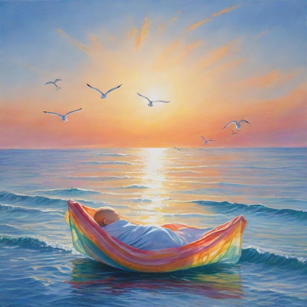 Create a moving scene of a baby swaddled in a colourful blanket, safely adrift on a calm, sparkling ocean. The morning sun paints a warm glow on the tranquil water, while seagulls soar peacefully in the clear, blue sky.