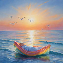 Create a moving scene of a baby swaddled in a colourful blanket, safely adrift on a calm, sparkling ocean. The morning sun paints a warm glow on the tranquil water, while seagulls soar peacefully in the clear, blue sky.