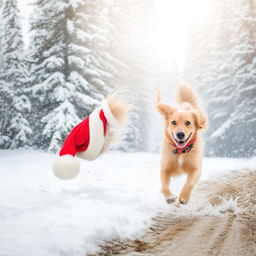 A joyful dog wearing a bright red Santa hat, playfully frolicking in the pristine snow.