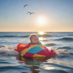 Create a moving scene of a baby swaddled in a colourful blanket, safely adrift on a calm, sparkling ocean. The morning sun paints a warm glow on the tranquil water, while seagulls soar peacefully in the clear, blue sky.