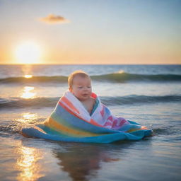 Create a moving scene of a baby swaddled in a colourful blanket, safely adrift on a calm, sparkling ocean. The morning sun paints a warm glow on the tranquil water, while seagulls soar peacefully in the clear, blue sky.