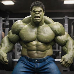 The Incredible Hulk, large and muscular, lifting heavy weights in a well-equipped gym.