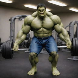 The Incredible Hulk, large and muscular, lifting heavy weights in a well-equipped gym.