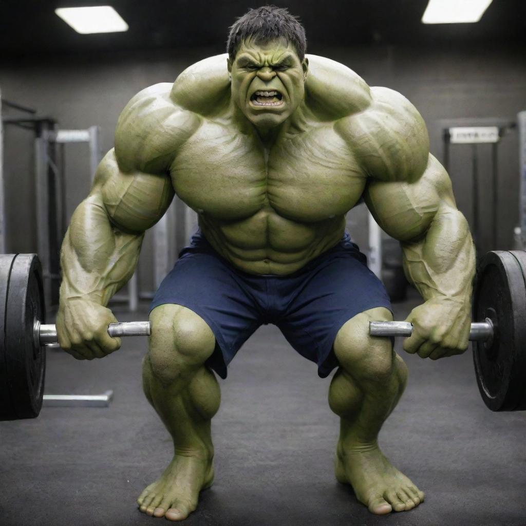 The Incredible Hulk, large and muscular, lifting heavy weights in a well-equipped gym.