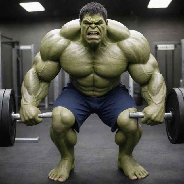 The Incredible Hulk, large and muscular, lifting heavy weights in a well-equipped gym.