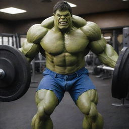 The Incredible Hulk, large and muscular, lifting heavy weights in a well-equipped gym.