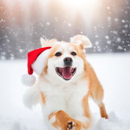 A joyful dog wearing a bright red Santa hat, playfully frolicking in the pristine snow.