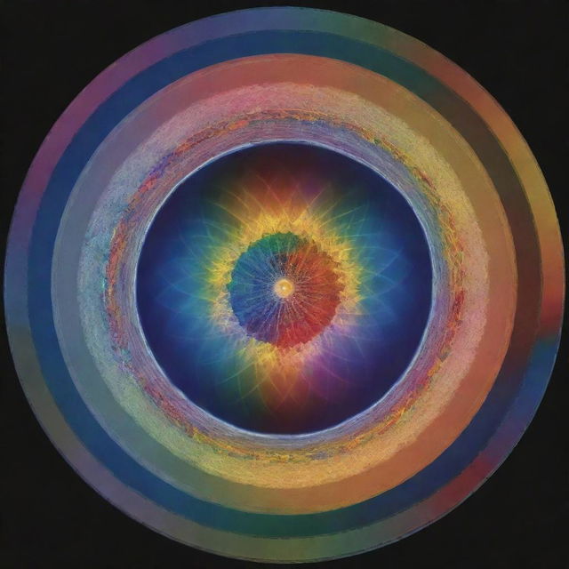 A visualization of the Earth, concave in shape, with the seven chakras represented in vibrant colors. An abstract symbolization of schizophrenia, perhaps shown as distortions or kaleidoscopic patterns on the earth.