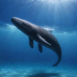 Render an exquisite image of a large sperm whale gracefully gliding through the azure depth of the open ocean, its powerful body surrounded by a shimmering cloud of tiny bubbles, against the vibrant coral and rich marine life.