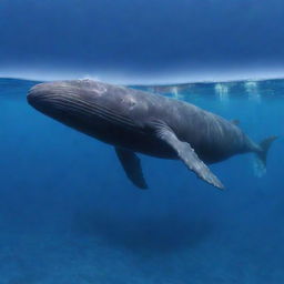 Render an exquisite image of a large sperm whale gracefully gliding through the azure depth of the open ocean, its powerful body surrounded by a shimmering cloud of tiny bubbles, against the vibrant coral and rich marine life.