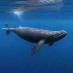 Render an exquisite image of a large sperm whale gracefully gliding through the azure depth of the open ocean, its powerful body surrounded by a shimmering cloud of tiny bubbles, against the vibrant coral and rich marine life.