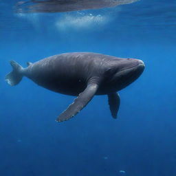 Render an exquisite image of a large sperm whale gracefully gliding through the azure depth of the open ocean, its powerful body surrounded by a shimmering cloud of tiny bubbles, against the vibrant coral and rich marine life.