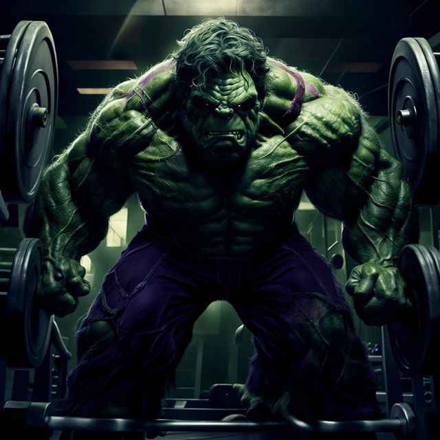 Hulk exercising intensely within a gym, surrounded by heavy weights and workout equipment.