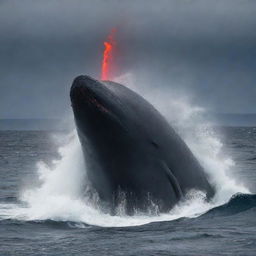 Modify the image, altering the peaceful sperm whale's demeanor to one of intense anger. The serene ocean flickers with the whale's fiery red eyes and fuming blowhole, reflecting each wave with dark, stormy swells.