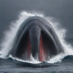 Modify the image, altering the peaceful sperm whale's demeanor to one of intense anger. The serene ocean flickers with the whale's fiery red eyes and fuming blowhole, reflecting each wave with dark, stormy swells.