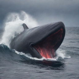 Modify the image, altering the peaceful sperm whale's demeanor to one of intense anger. The serene ocean flickers with the whale's fiery red eyes and fuming blowhole, reflecting each wave with dark, stormy swells.