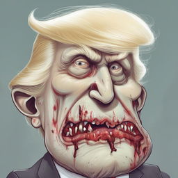 A caricature of Donald Trump depicted in a stylised, zombie-like manner, with greyish skin, sunken eyes and disarrayed hair.