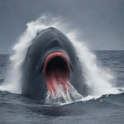 Modify the image, altering the peaceful sperm whale's demeanor to one of intense anger. The serene ocean flickers with the whale's fiery red eyes and fuming blowhole, reflecting each wave with dark, stormy swells.