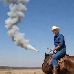 Joe Biden, with an animated expression of joy, sniffing the smoke trail of a Minuteman III missile just launched as he rides it, like a cowboy roping a steer.