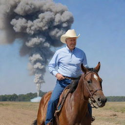 Joe Biden, with an animated expression of joy, sniffing the smoke trail of a Minuteman III missile just launched as he rides it, like a cowboy roping a steer.