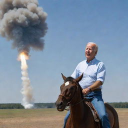 Joe Biden, with an animated expression of joy, sniffing the smoke trail of a Minuteman III missile just launched as he rides it, like a cowboy roping a steer.