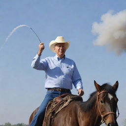 Joe Biden, with an animated expression of joy, sniffing the smoke trail of a Minuteman III missile just launched as he rides it, like a cowboy roping a steer.