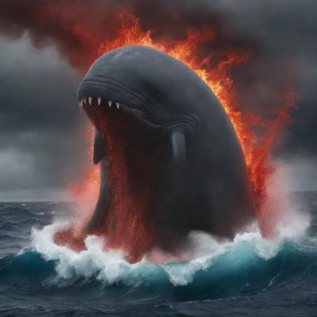 Elevate the scene of anger, depicting the sperm whale as a bubbling cauldron of wrath. Its eyes flash crimson fire, blowhole fuming fiercely, while the surrounding sea mirrors the rage with aggressive, violent storm surges.