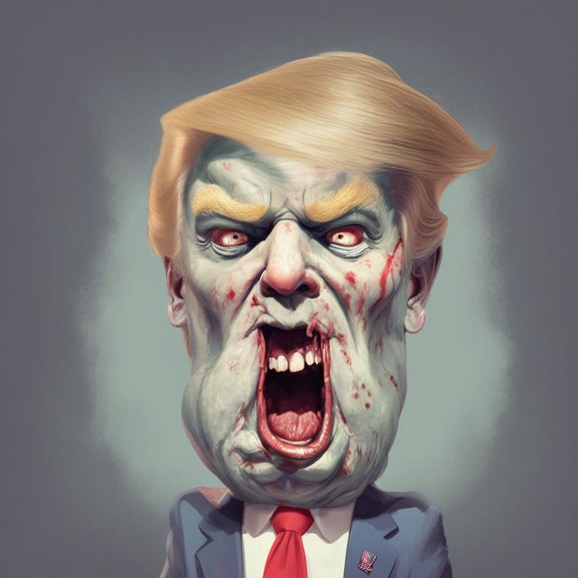 A caricature of Donald Trump depicted in a stylised, zombie-like manner, with greyish skin, sunken eyes and disarrayed hair.