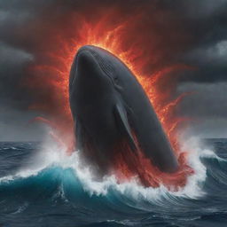 Elevate the scene of anger, depicting the sperm whale as a bubbling cauldron of wrath. Its eyes flash crimson fire, blowhole fuming fiercely, while the surrounding sea mirrors the rage with aggressive, violent storm surges.