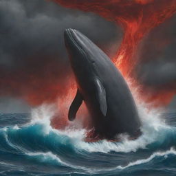 Elevate the scene of anger, depicting the sperm whale as a bubbling cauldron of wrath. Its eyes flash crimson fire, blowhole fuming fiercely, while the surrounding sea mirrors the rage with aggressive, violent storm surges.